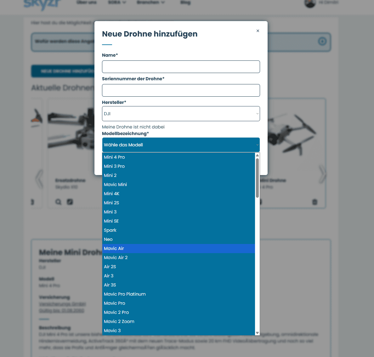 Selecting a drone model from stored manufacturer data