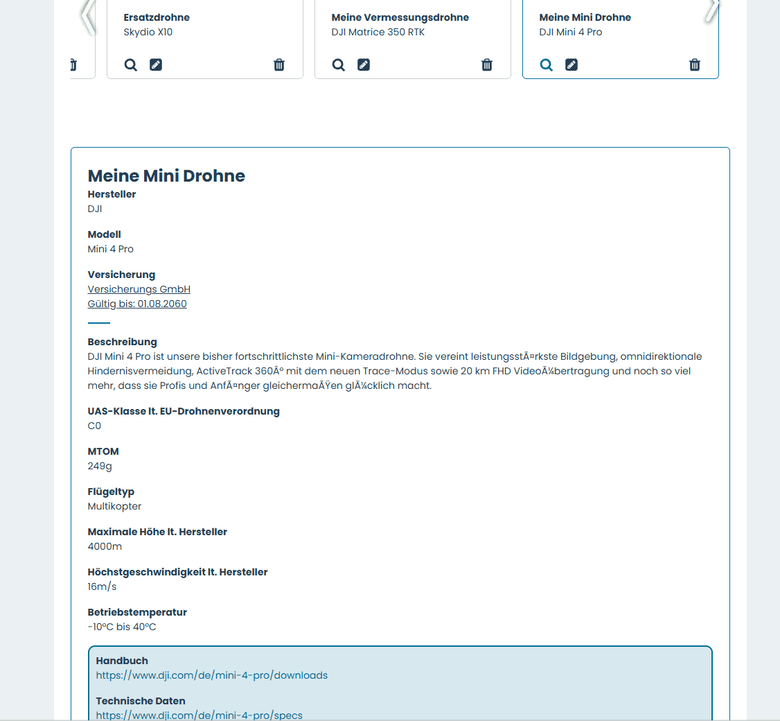 List of saved drones with technical specifications