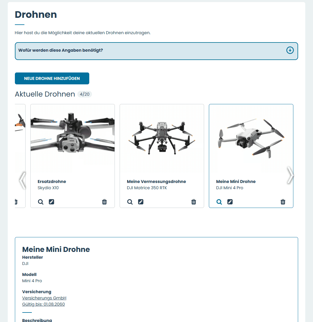 Overview of your own drone fleet in skyzr drone management