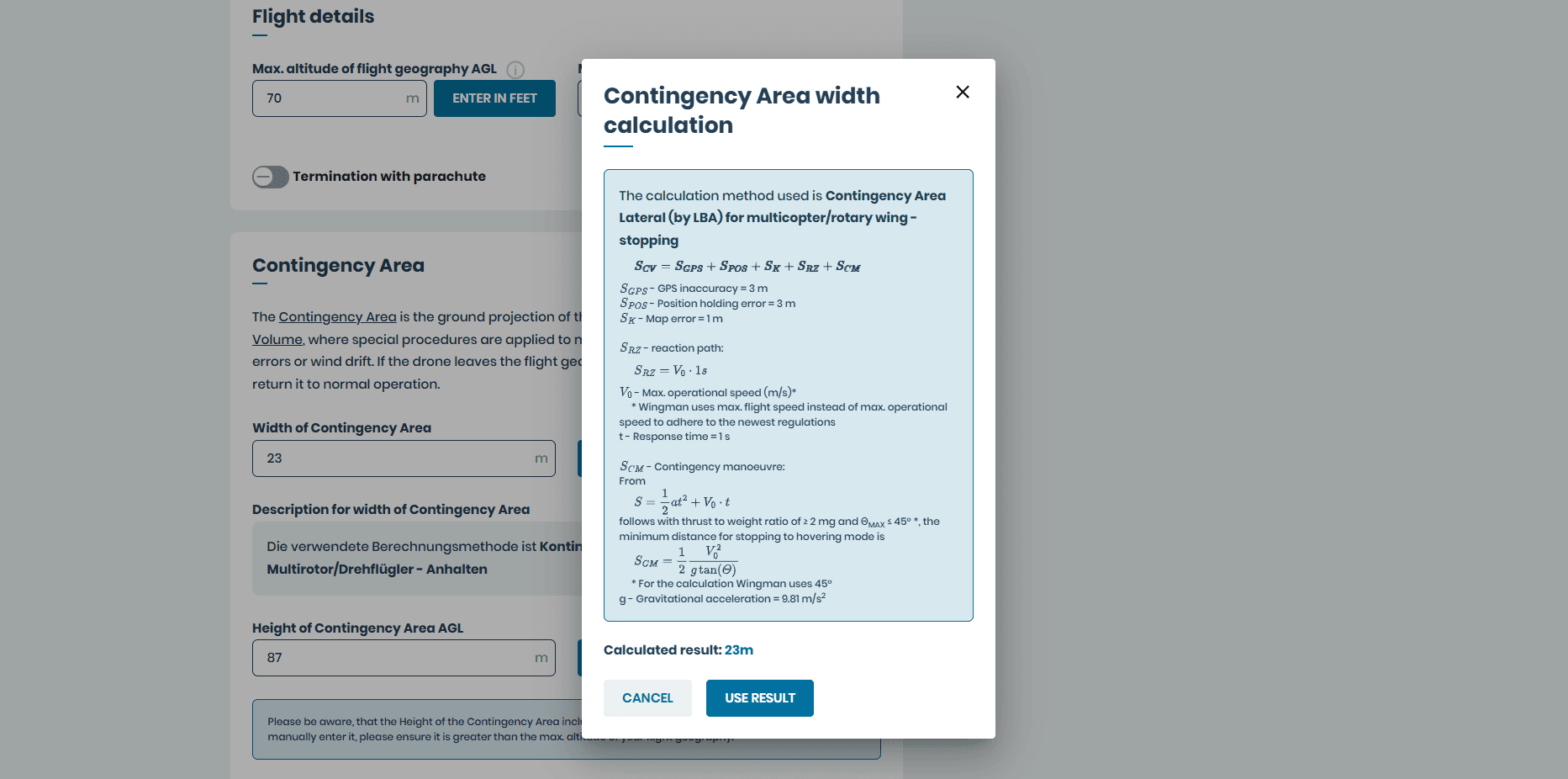 Automatische Berechnung von Contingency Volume und Ground Risk Buffer in wingman
