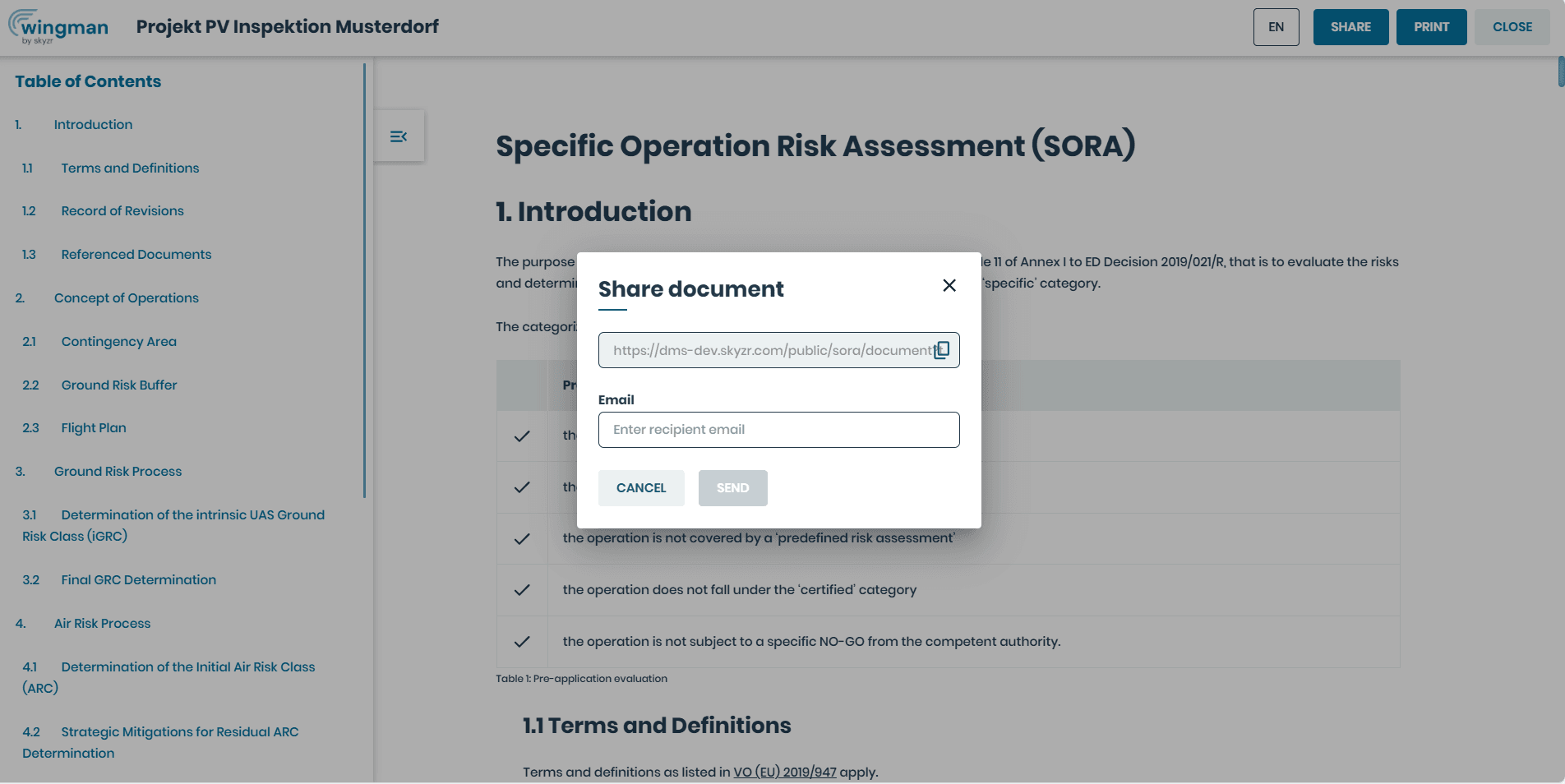 SORA Report exportieren oder als Link teilen