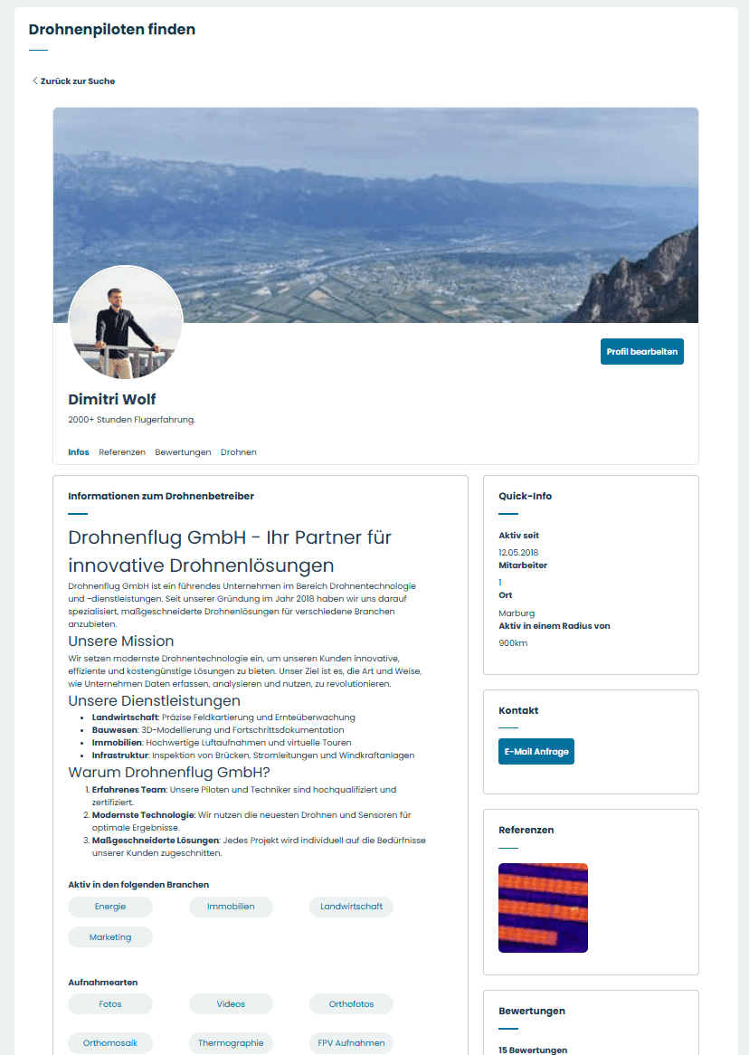 View of a pilot profile in the drone pilot directory