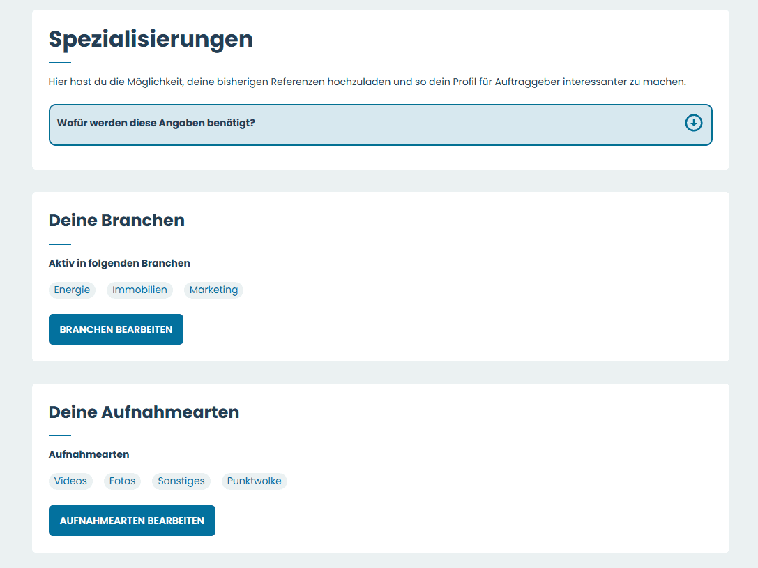 Übersicht der angebotenen Dienstleistungen im Profil