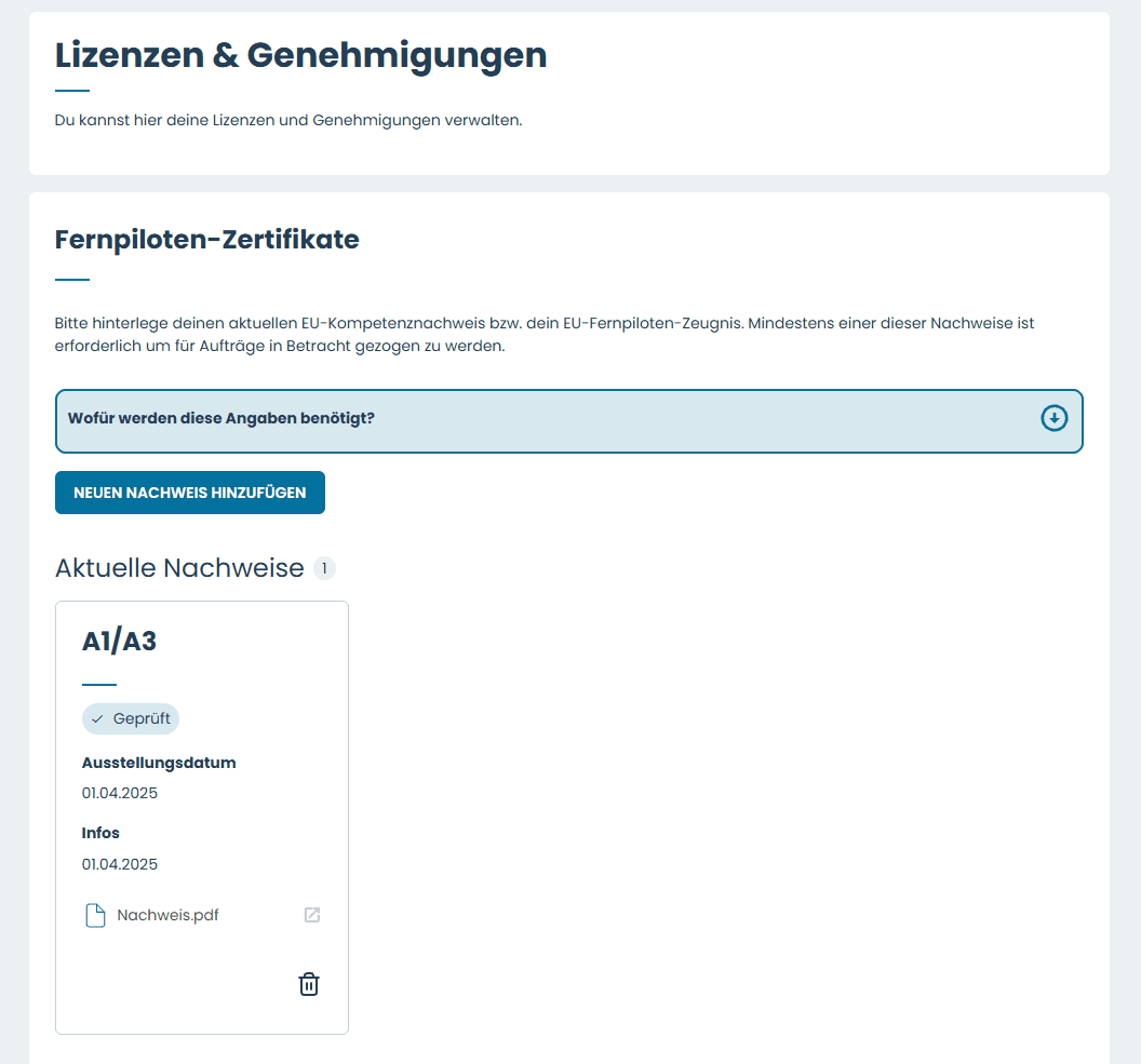 Hinterlegte Lizenzen und Ausnahmegenehmigungen im Profil