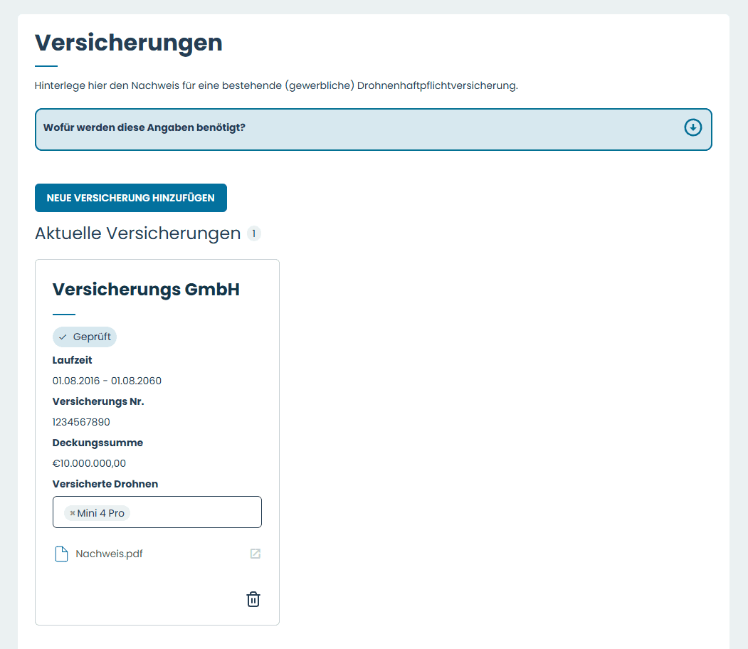 Hinterlegte Drohnenversicherung im Profil