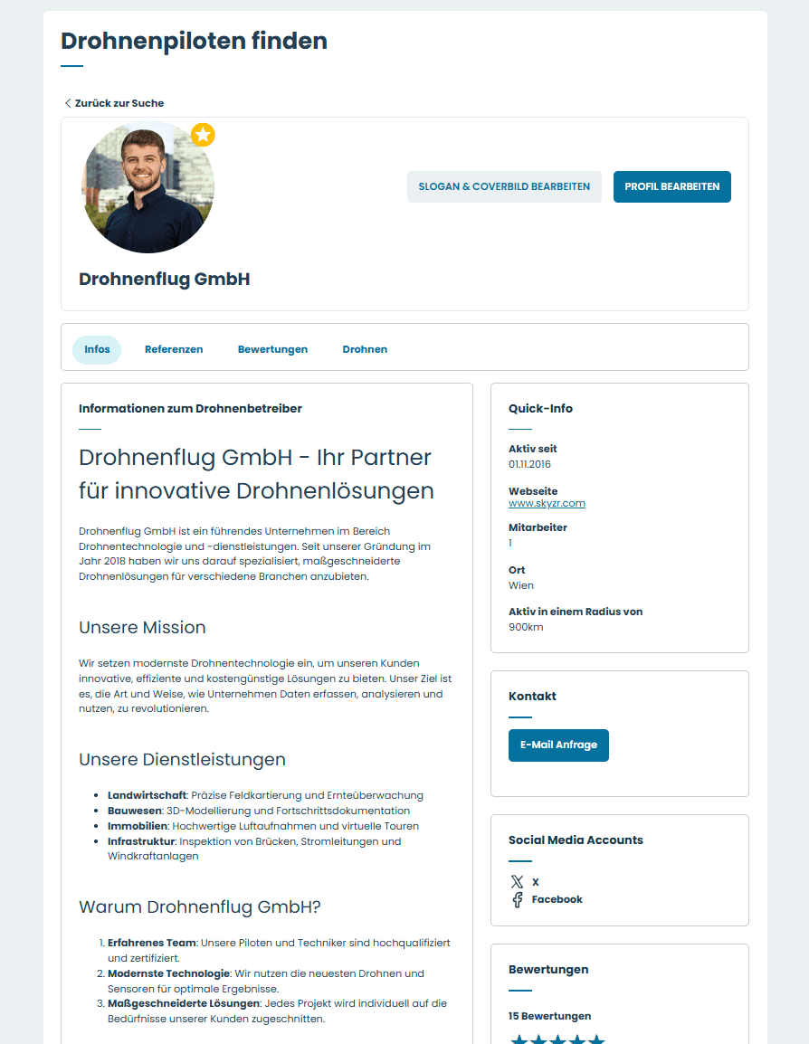 Umfangreiches öffentliches Pilotenprofil mit eigener URL