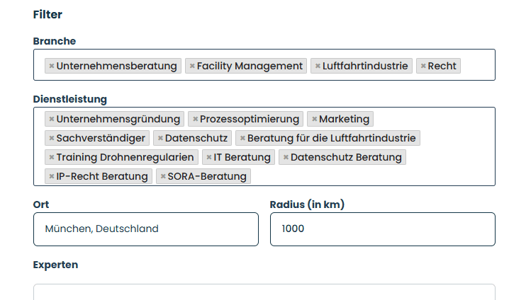 Filter options for quickly finding experts