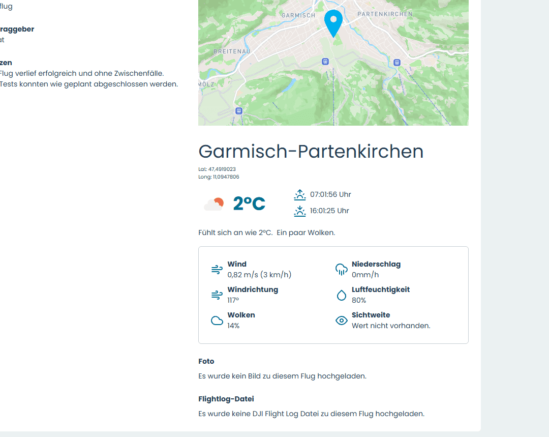 Automatisch hinterlegte Wetterdaten zu einem Flugeintrag