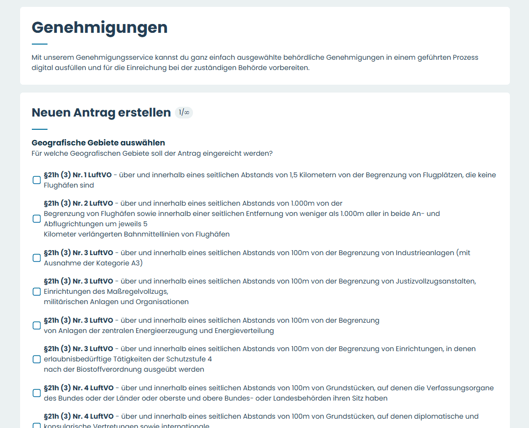 Screenshot des skyzr Genehmigungsservice mit ausgefülltem Antrag