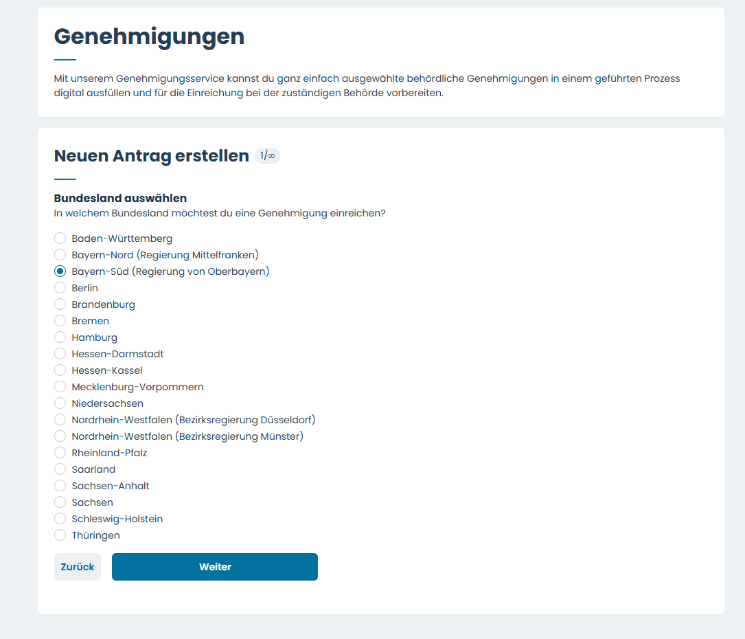 Schritt-für-Schritt-Assistent für Genehmigungsanträge