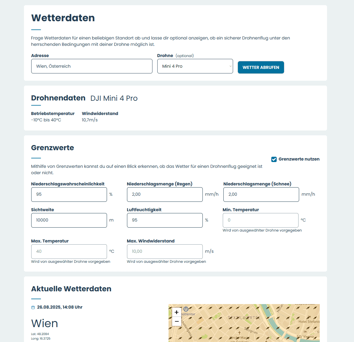 Aktuelle Wetterdaten und Vorhersage für einen Flugort