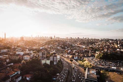 City skyline at dusk, aerial view
