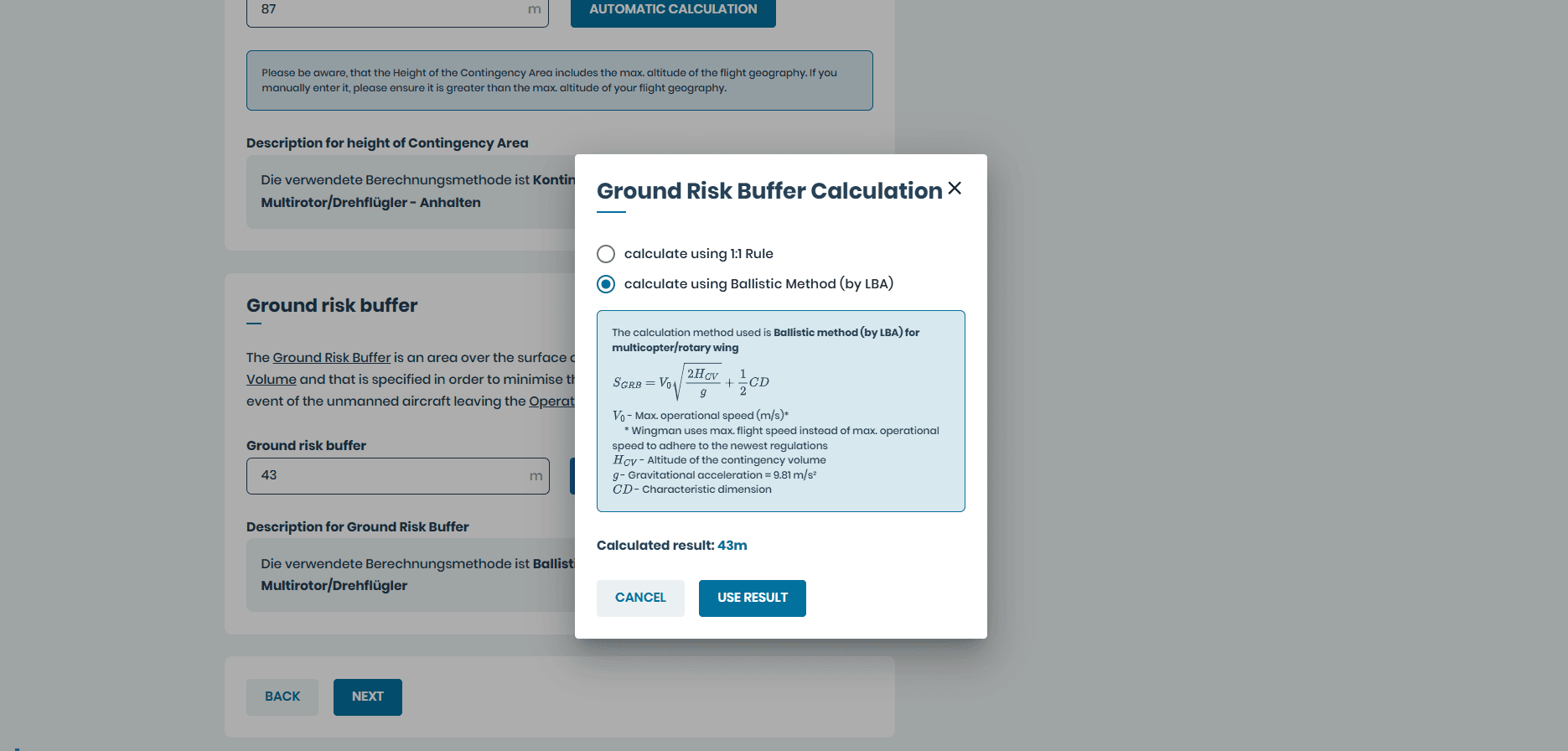 Automatische Berechnung des Ground Risk Buffers in wingman