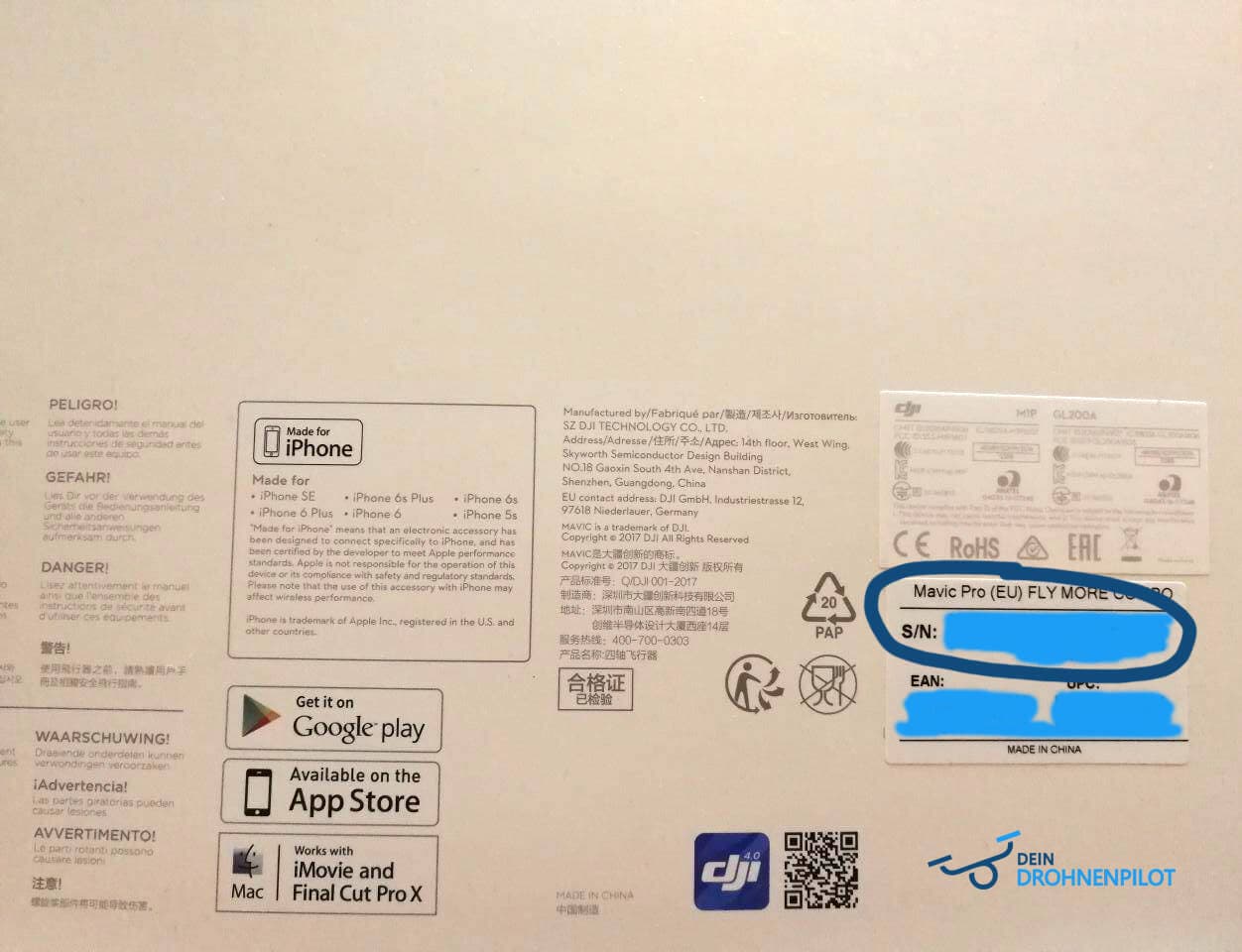 Drone serial number Mavic Pro packaging