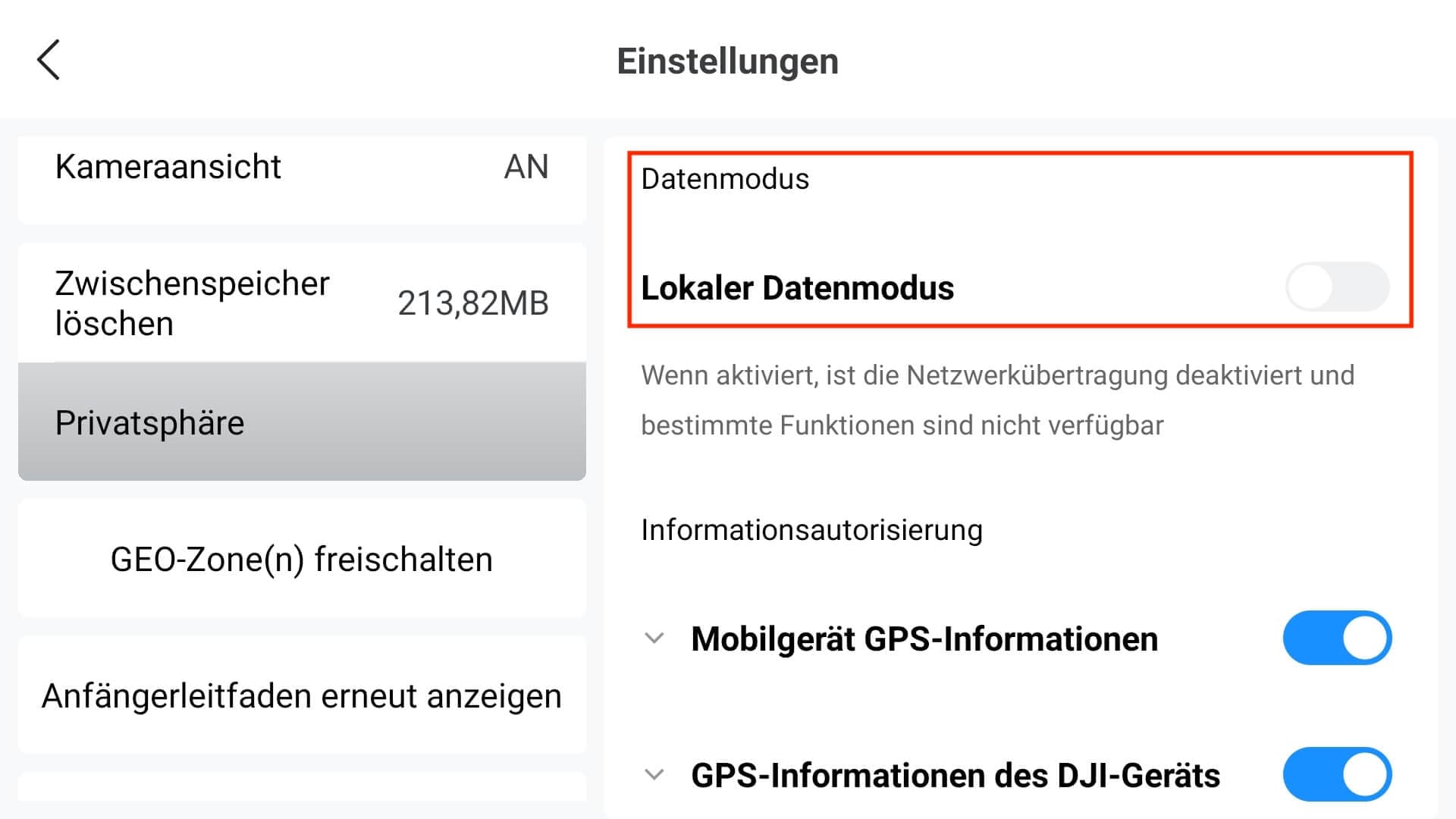 dji fly app local data mode privatsphäre
