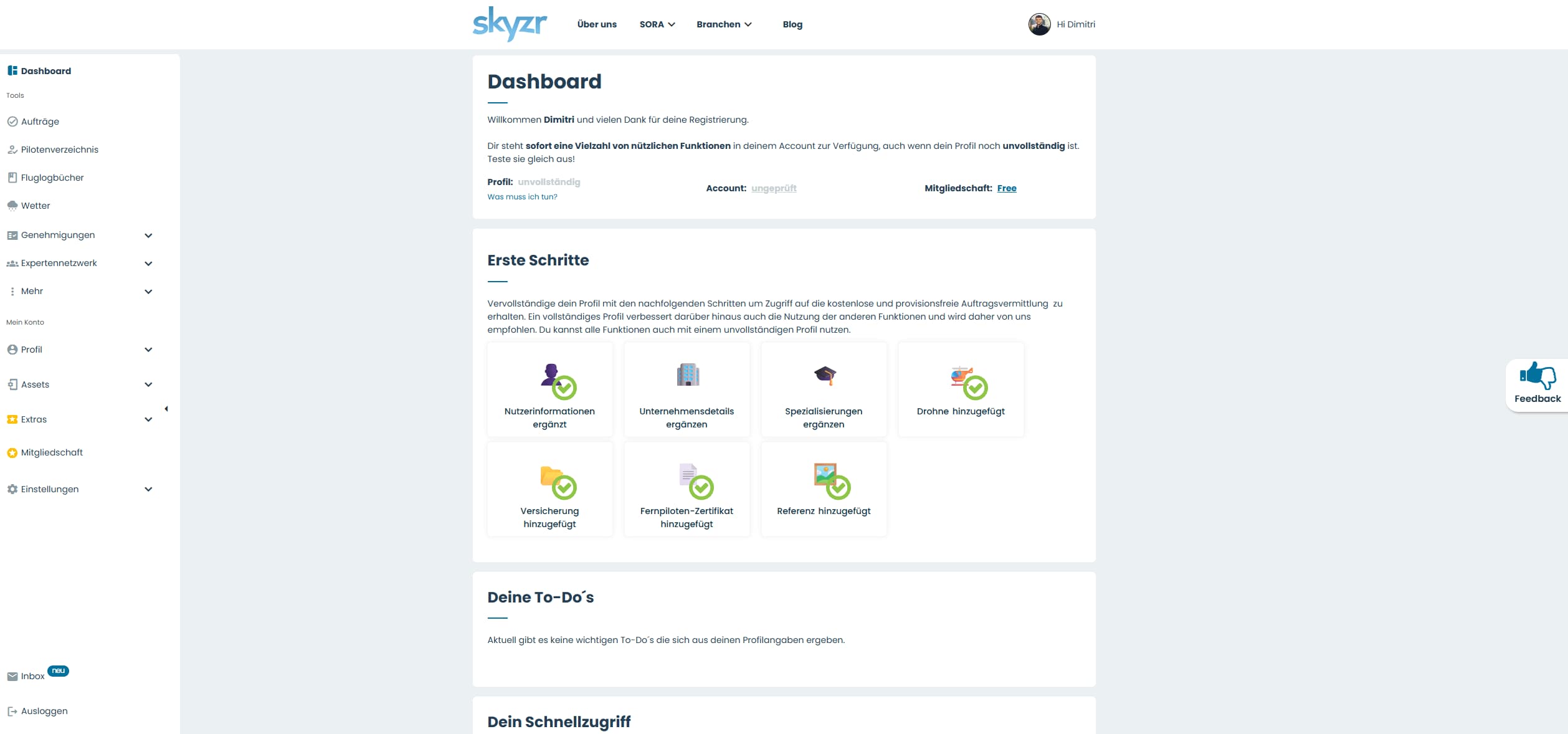 skyzr erste schritte dashboard