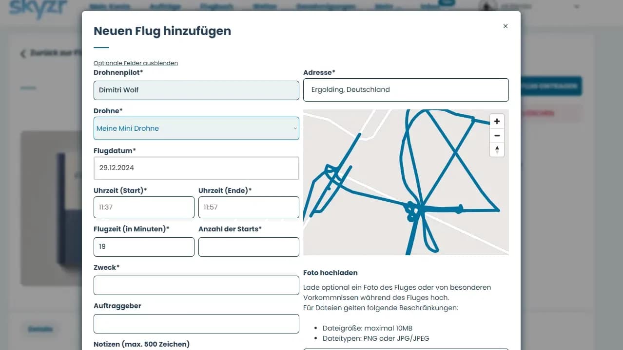 dji flight log import skyzr fluglogbuch import fertig fehlende daten