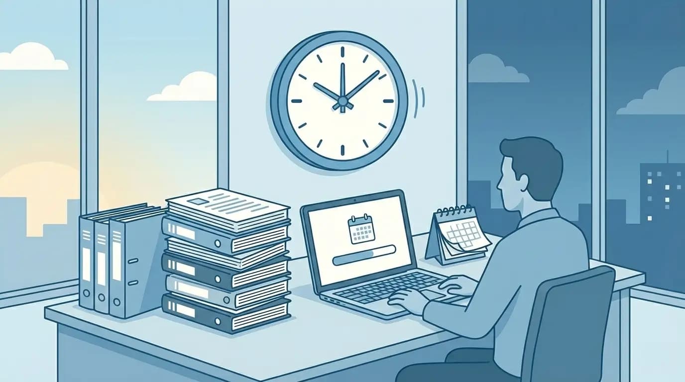 sora dauer symbolbild mit einem Drohnenpilot am Schreibtisch, vor sich Unterlagen, ein Laptop und eine Uhr