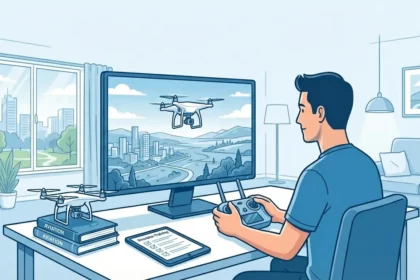 Symbolbild drohnen flugsimulator fliegen üben Drohnenpilot am Schreibtisch lernt das Drohnenfliegen