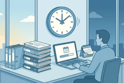 sora dauer symbolbild mit einem Drohnenpilot am Schreibtisch, vor sich Unterlagen, ein Laptop und eine Uhr